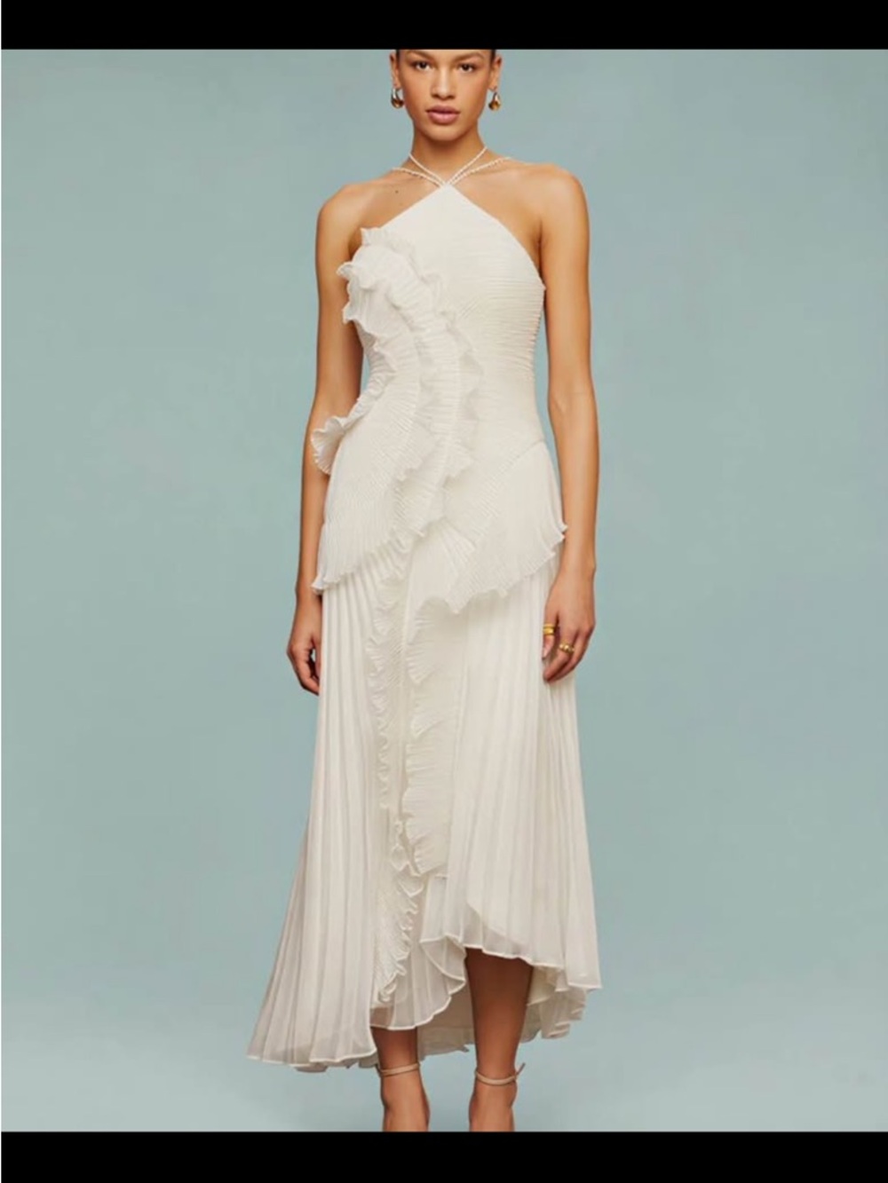 Pleated White Halter Midi Dress with Cascading Ruffle